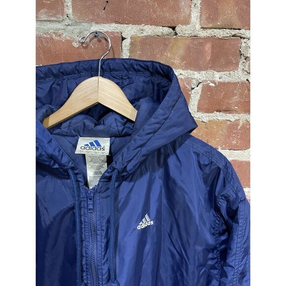 Rare Vintage ADIDAS Spell Out Striped Full Zip Hooded Jacket 90s Navy L - Picture 3 of 6